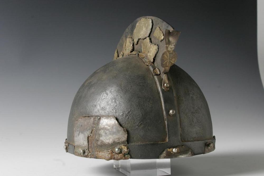 Late-Roman iron helmet with a christogram (chi-rho) found in Kessel, Limbur...