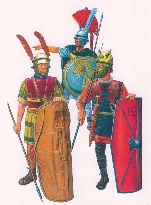 Hypothetical reconstruction of Roman legionaries and a centurion of the late republican period c. 110-30 BC, during the time of Marius, Sulla and Caesar.