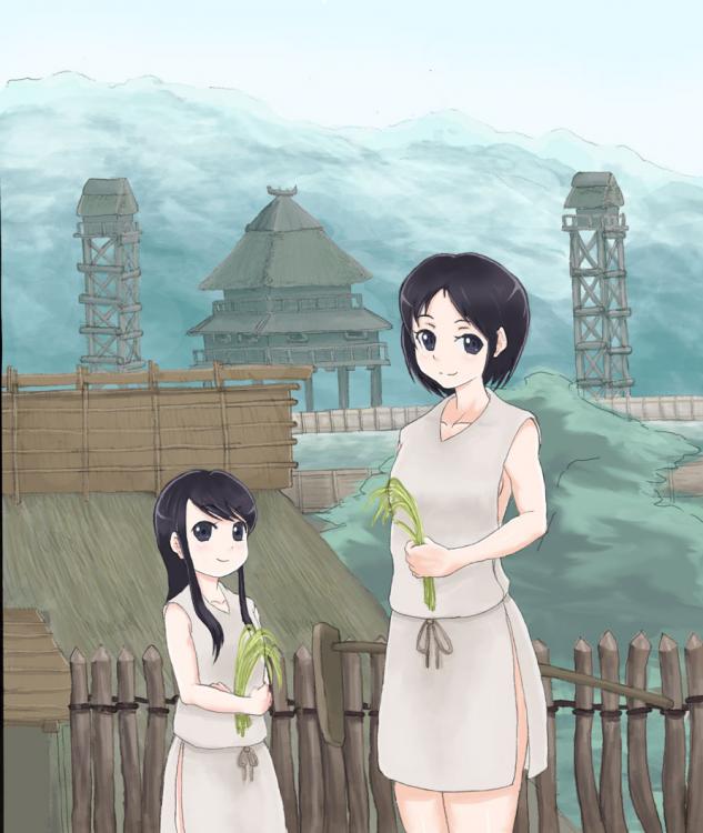 2girls black hair building female long hair mountain multiple girls outdoors rice short hair sky yayoi period