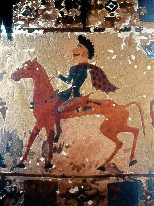 Nomadic Pazyryk horseman in a felt painting from a burial around 300 BC.