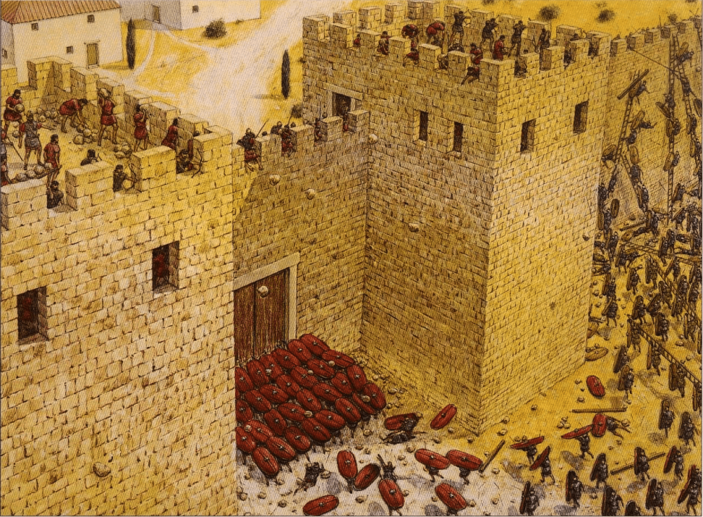 Asalto romano a Cartagena (Cartago Nova) 209 AC , Las fuerzas de escipiÃ³n atacando la puerta de la ciudad. Autor Adam Hook