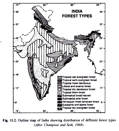 Outline Map of India showing Distribution of different Forest Types (After Champion and Seth, 1968)
