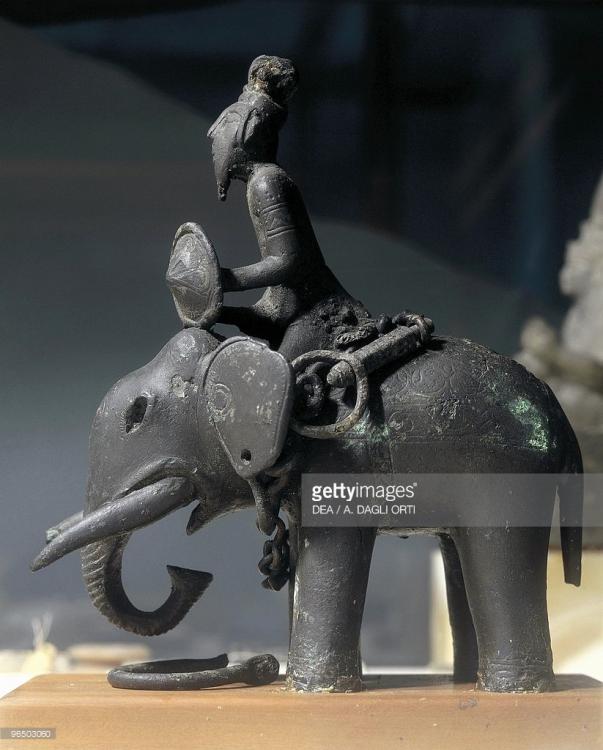 Egyptian museum, Nubian art, Sculpture representing a soldier riding an elephant, bronze.jpg