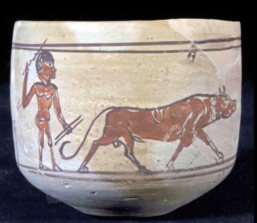 Kingdom of Kush Kushite Meroitic pottery man with javelins and dog.jpg